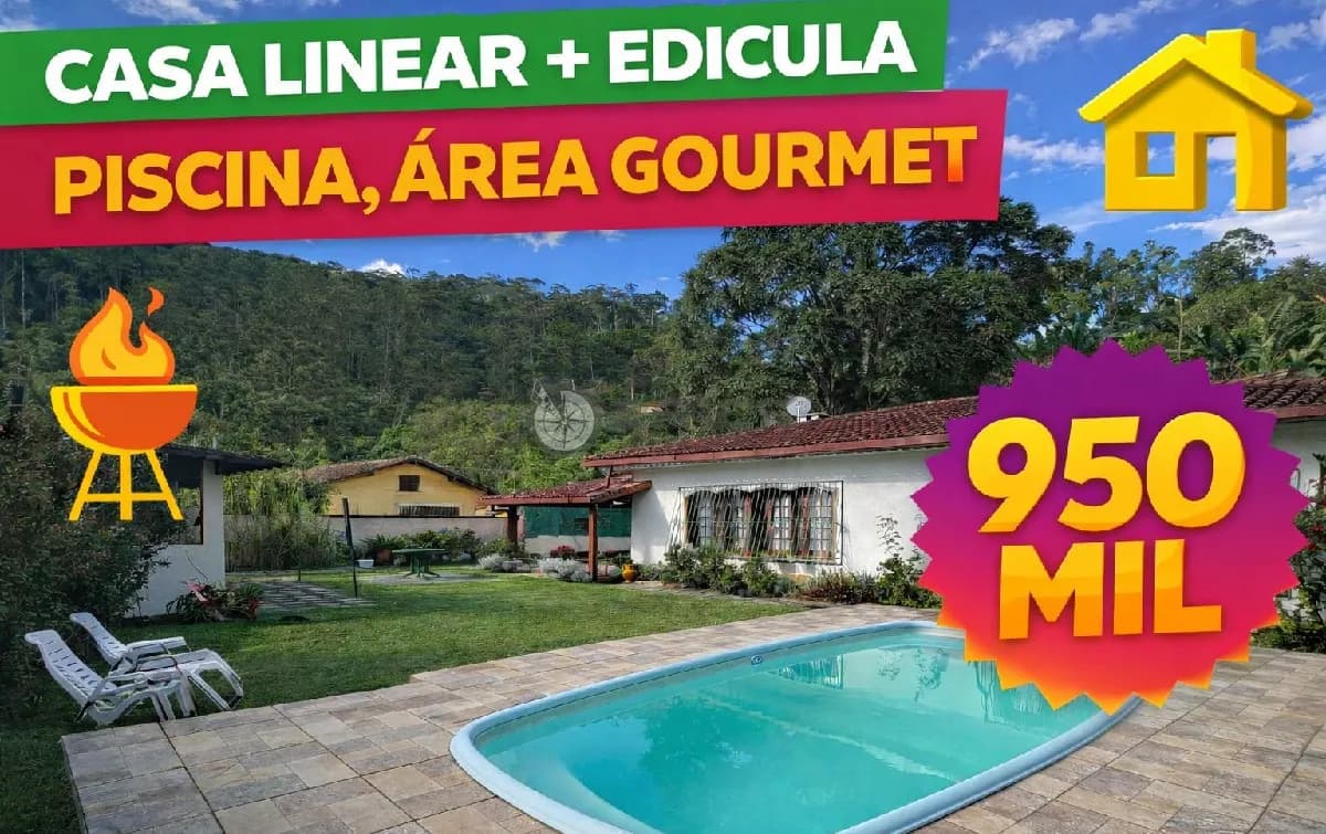 Casa linear à venda com 3 quartos sendo 1 suíte + edícula, 1.000 m² de terreno em Ermitage - Teresópolis/RJ.